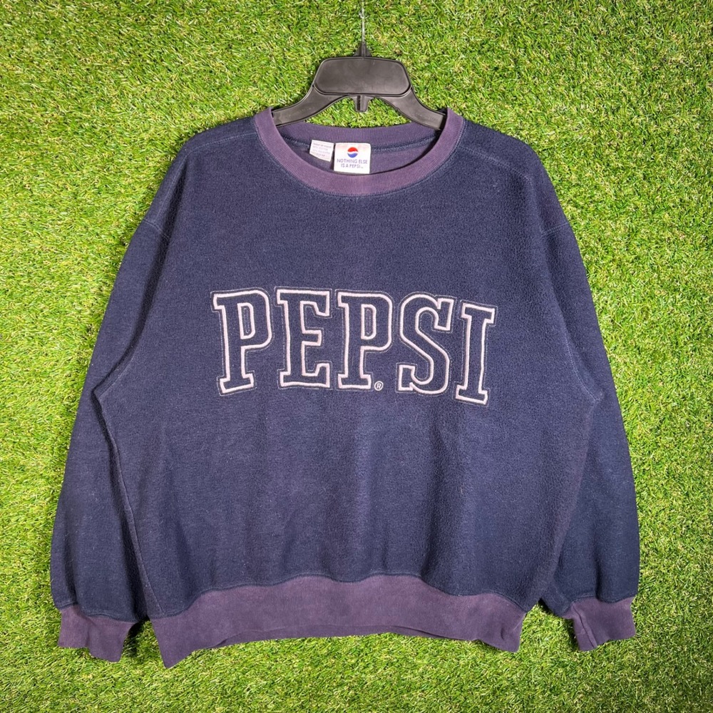 Vintage 90s Pepsi Fleece Sweatshirt Navy Blue Spellout Logo Mens Medium